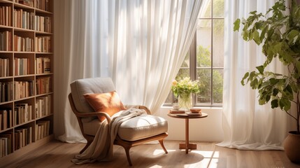 A sun-drenched reading corner with a plush armchair, a floor-to-ceiling bookshelf, and a cascading sheer curtain, offering an inviting space for literary escape - obrazy, fototapety, plakaty