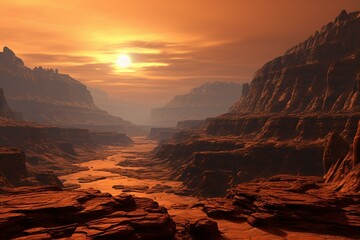 3D landscape depicting a rugged canyon on planet Venus. Generative AI