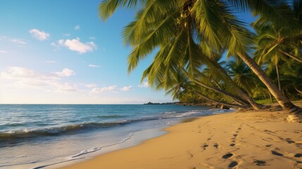 Free photo of a nice beach with white sand, clouds, palm tree, and wave