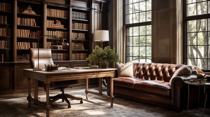 A sun-drenched study furnished with a vintage oak desk, leather-bound books, and a tufted wingback chair, exuding an air of intellectual sophistication