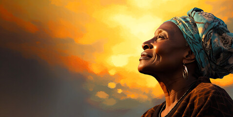 Elderly African Woman Embracing Sunset with Vibrant Cloudscape Background