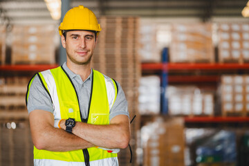 Factory manager, foreman worker checking stock inventory on good shelf in delivery storehouse of logistic storage warehouse, shipping distribution business, package box industry job for retail market