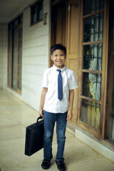 cute little boy bring suitcase acting like a businessman