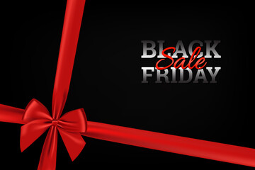 Black Friday Sale calligraphic banner vector design with red bow and ribbon shiny on dark background.