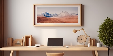 
Stylish and creative wooden desk with Poster frame ,Poster frame in living room mockup
