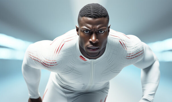 Strong athletic, African American man sprinter or runner, wearing futuristic sportswear training outdoor. Fitness, sport motivation concept. Run in energy power.