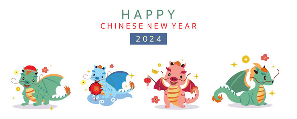 Fototapeta na wymiar cute Chinese New Year banner with lantern,dragon.Editable vector illustration for kid design
