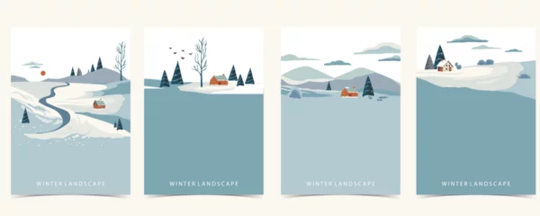 Foto op Canvas winter landscape background with mountain,tree.Editable vector illustration for postcard,a4 vertical size © piixypeach