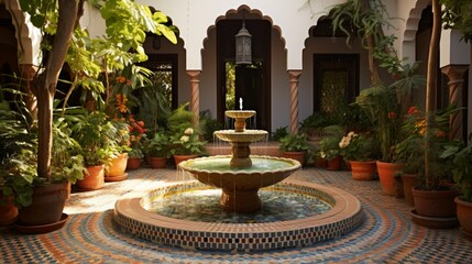 Fototapeta na wymiar A sun-kissed courtyard with a central, mosaic-tiled water feature