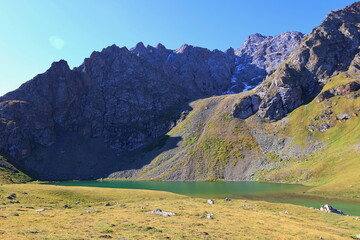 Ailampa lake located on Ak-Suu Traverse trek next to Jyrgalan and Karakol in Kyrgyzstan