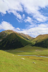 Fototapeta na wymiar Turgenaksu valley with a river wading on a second stage of Ak-Suu Traverse trek in Karakol, Kyrgyzstan