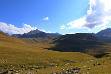 Second stage of Ak-Suu Traverse trek from Ailampa lake to Boz Uchuk lake, Karakol, Kyrgyzstan