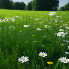A big field with green grass and pretty daisies
