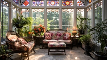 A sun-soaked conservatory with wrought iron furniture, vibrant potted plants, and ornate stained glass fixtures, creating a botanical oasis within the home