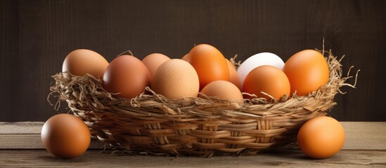 Basket with shells containing fresh eggs and yolk