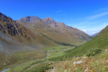 Ninth stage of Ak-Suu Traverse trek from Karakol Gorge to Jeti Oguz in Karakol national park, Kyrgyzstan