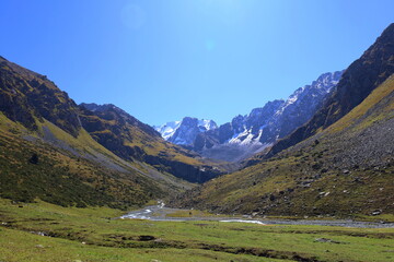 Ninth stage of Ak-Suu Traverse trek from Karakol Gorge to Jeti Oguz in Karakol national park, Kyrgyzstan