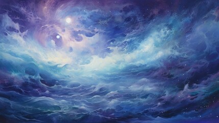 A surreal celestial landscape with swirling galaxies in shades of indigo, violet, and hints of...