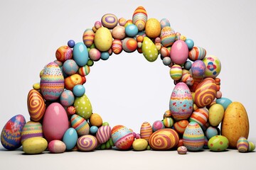 Easter customs. Vibrant eggs, frame, white backdrop. 3D art. Generative AI