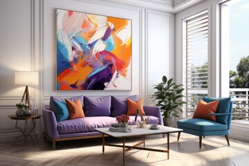 stylish minimalistic living room interior; scandinavian industrial style decor; vintage sofa