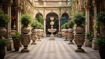 A symmetrical arrangement of ornate stone urns framing an enchanting courtyard - obrazy, fototapety, plakaty