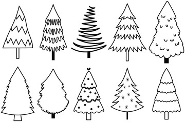 Set of christmas trees line art. Winter tree doodle art