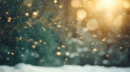 Fototapeta na wymiar Background Christmas Golden light shine, snow in forst, winter