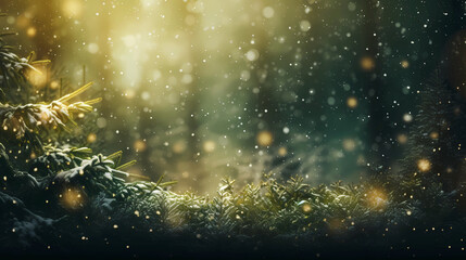 Naklejka premium Background Christmas Golden light shine, snow in forst, winter