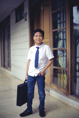 cute little boy bring suitcase acting like a businessman