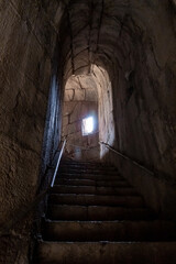 Obraz premium Ascent from secret exit to the main gate to the ruins of the medieval fortress of Nimrod - Qalaat al-Subeiba, located near the border with Syria and Lebanon on the Golan Heights, in northern Israel