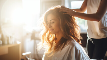 光がたくさん入る明るい美容室の店内で、女性美容師が女性の髪をセットしている写真