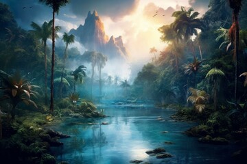 Scene of misty jungle with a body of water. Generative AI