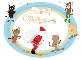 ウィンタースポーツで楽しんでいる猫たちと一緒にクリスマスを祝うサンタクロース。