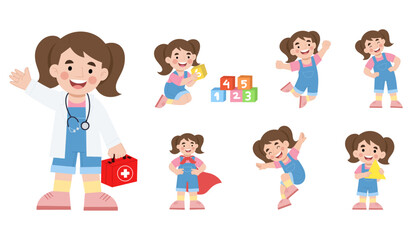 set of girl playful character poses collection illustration vector eps