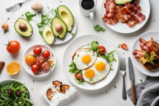 Healthy breakfast: bacon, eggs, avocado toast, salad. Paleo diet. Top view on white kitchen table. Generative AI