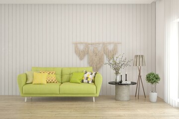 White scandinavian interior design with sofa. 3D illustration