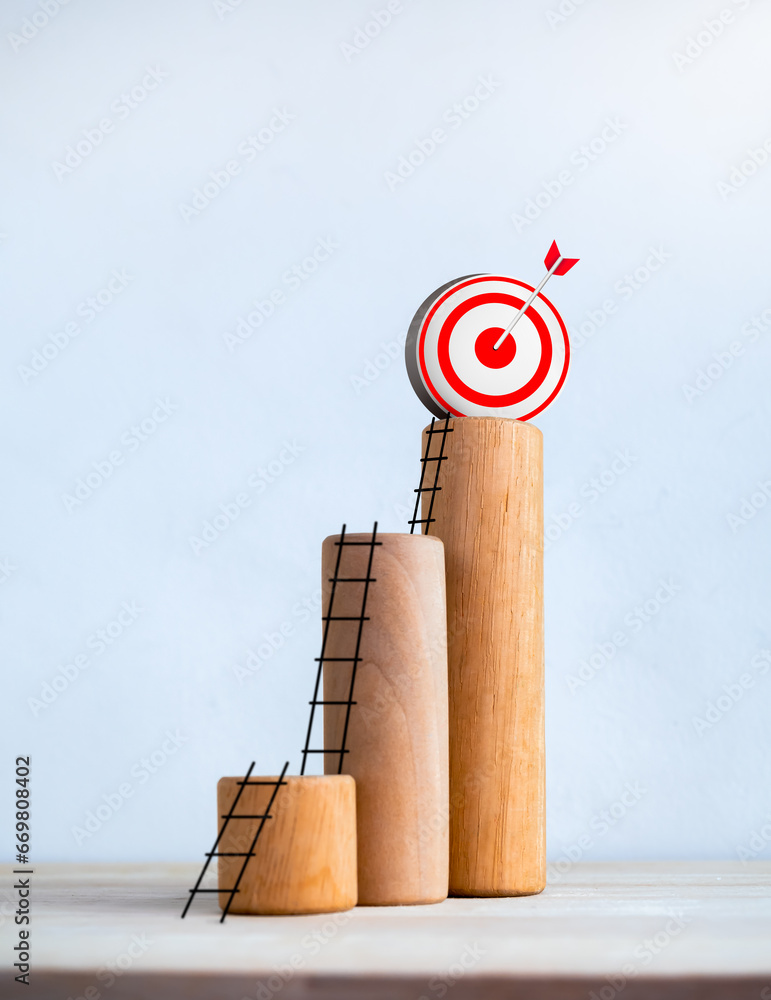Poster 3d target icon on wooden sticks bar graph chart steps with ladders to the top isolated on white back