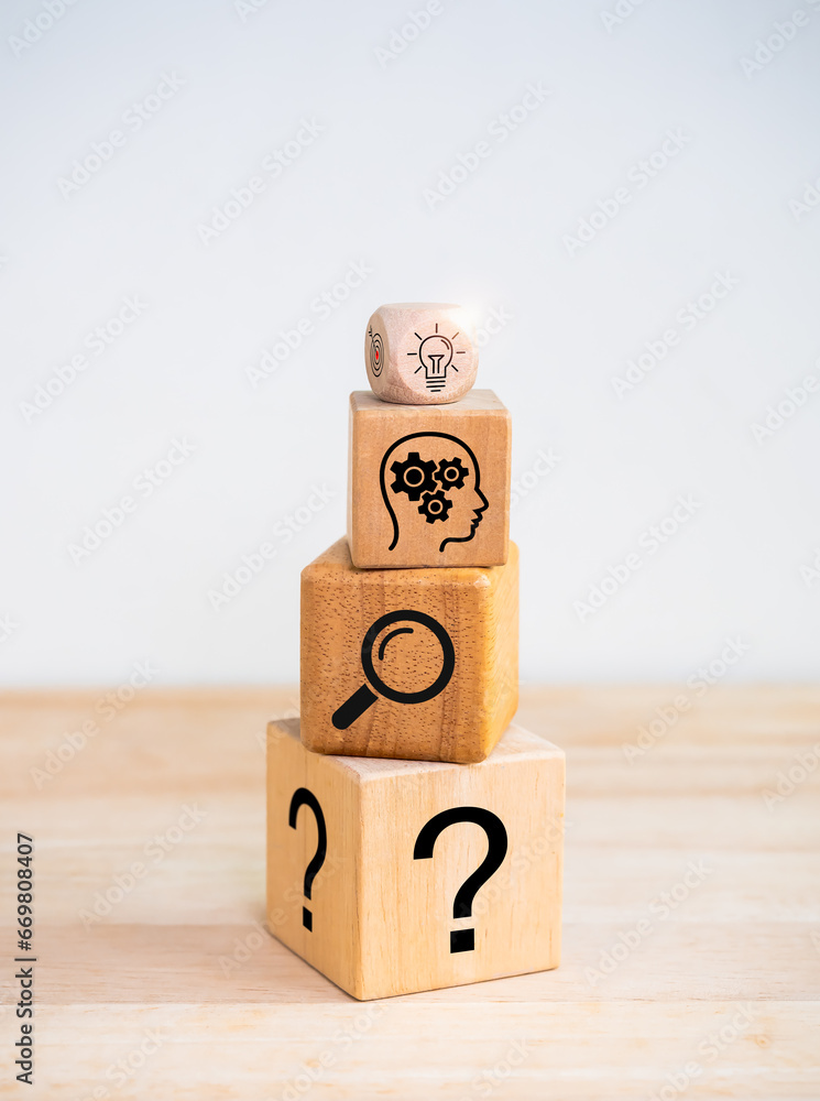 Poster business solution, strategy and action plan icon on wooden cube blocks stack isolated on white backg
