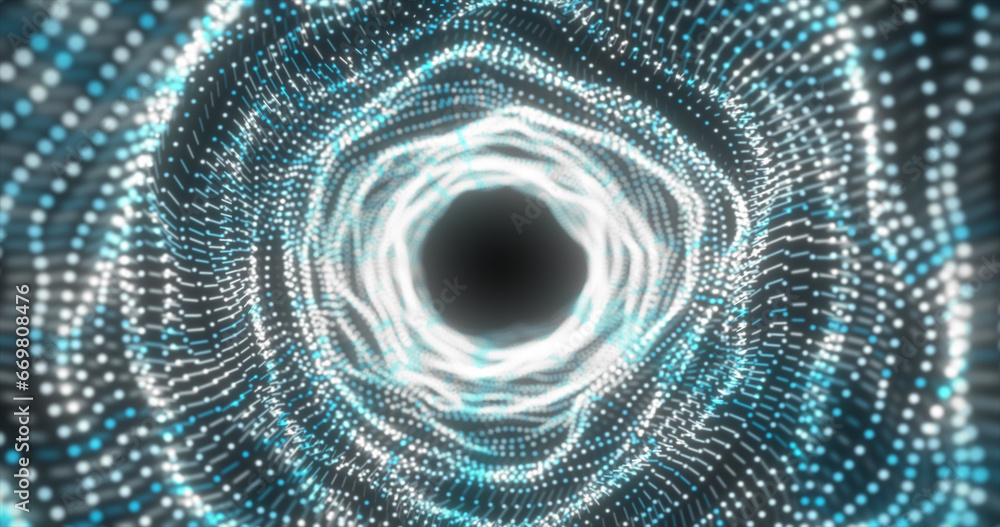 Poster abstract blue energy tunnel made of particles and a grid of high-tech lines with a glowing backgroun