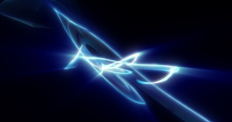 Abstract waves of blue energy magic smoke and glowing lines on a black background