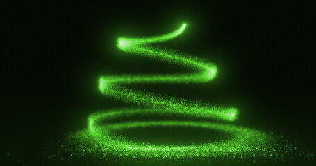 Abstract green flying line of dots and luminous particles of energetic magical bright spirals in the shape of a Christmas New Year tree