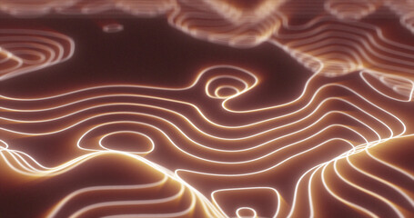 Abstract orange futuristic hi-tech landscape with mountains and canyons from glowing energy circles and magic lines background