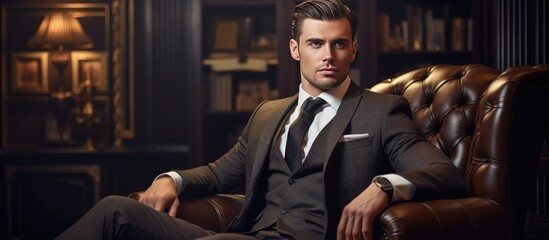 Luxury mens fashion Brunet man in classic suit relaxes in fancy apartment - obrazy, fototapety, plakaty