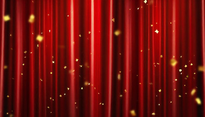 A stage with a red curtain with falling confetti. Drape curtain material. Confetti.