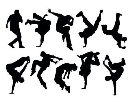 Dancing people silhouettes breakdancing stencil templates