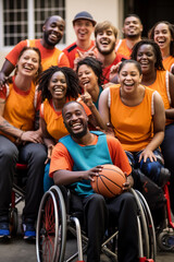Group photo of a diverse basketball team, including both able-bodied and wheelchair players, all beaming with joy and looking towards the camera. - obrazy, fototapety, plakaty
