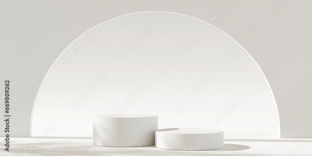 Poster white product display podium with shadow nature leaves on white background. 3d rendering