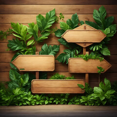 Wooden direction plant blank signboard vintage empty billboard in the jungle