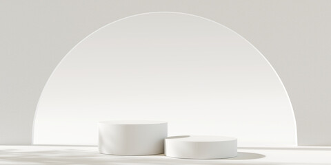White product display podium with shadow nature leaves on white background. 3D rendering	
