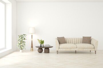 Interior design of modern apartment. Interior mockup. Scandinavian interior design. 3D illustration